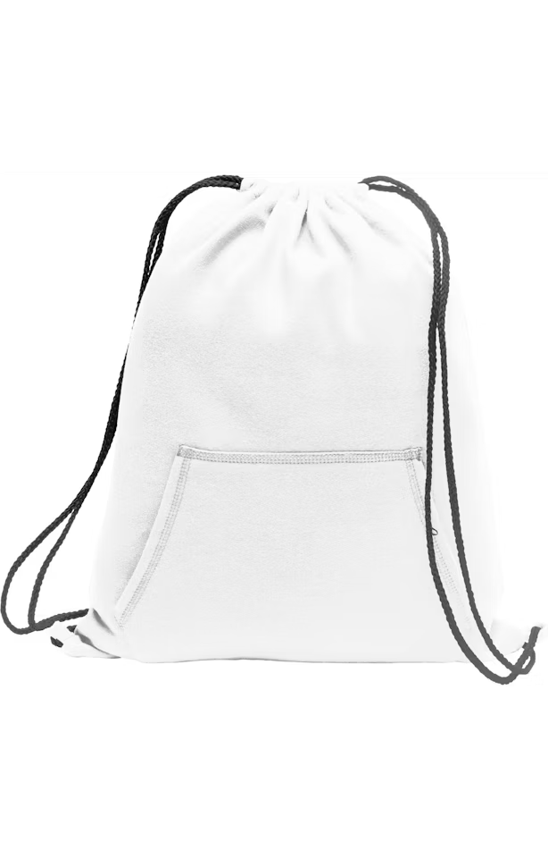 White drawstring bag with black strings on a white background