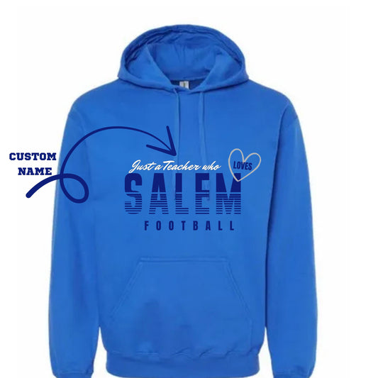 Blue hoodie with text and a heart design on a white background
