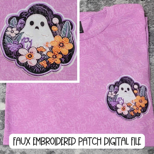 Ghost w/Flowers Pocket Tee Faux Embroidery
