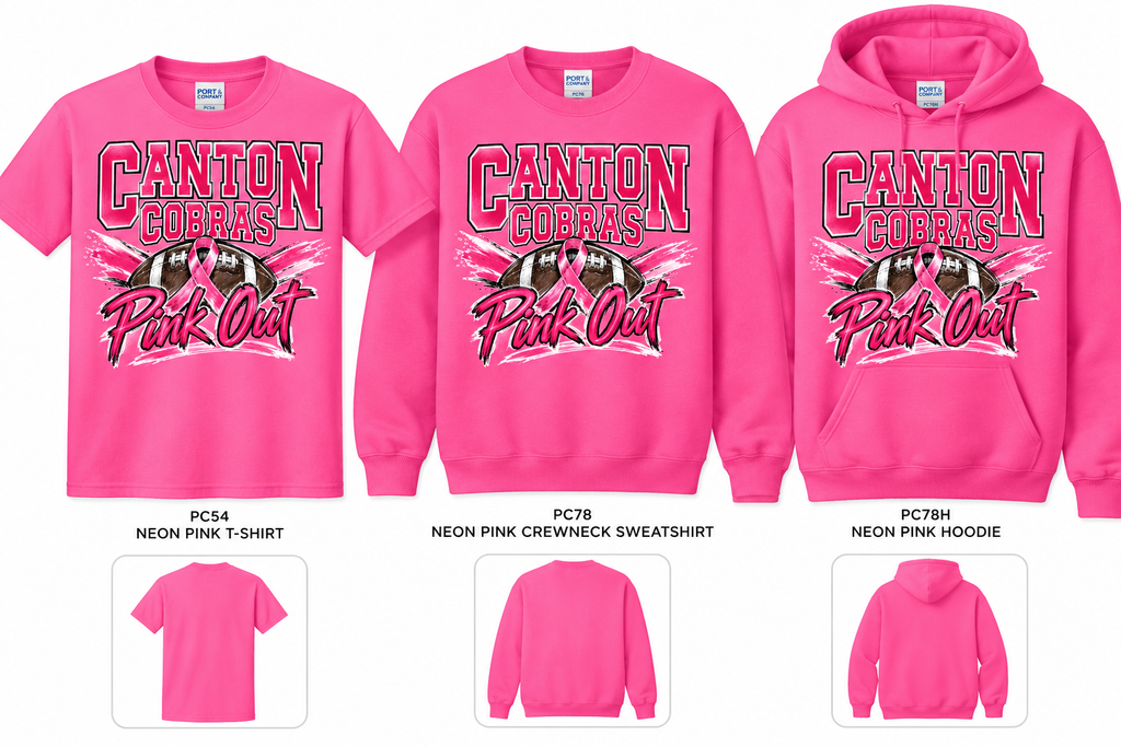 Canton Cobras Pink Out 2026 neon pink T-shirt, crewneck sweatshirt, and hoodie mockup