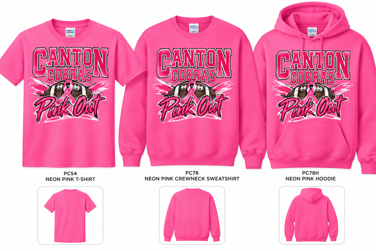 Canton Cobras Pink Out 2026 neon pink T-shirt, crewneck sweatshirt, and hoodie mockup