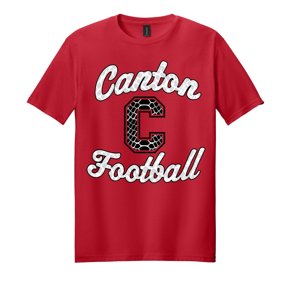 Canton Football snakeskin design on red shirt