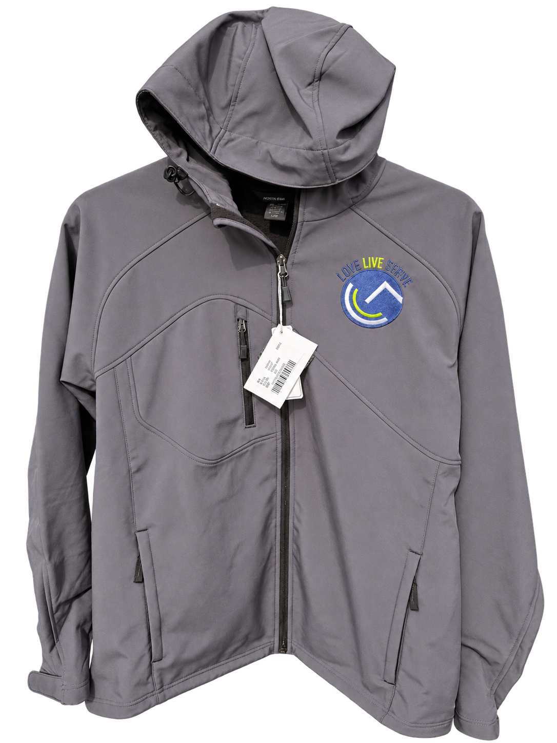 TGC embroidered grey hooded jacket on transparent background