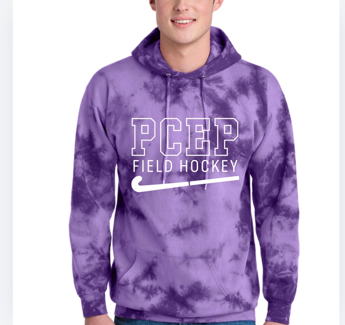 PCEP Field Hockey purple crystal tie-dye pullover hoodie mockup
