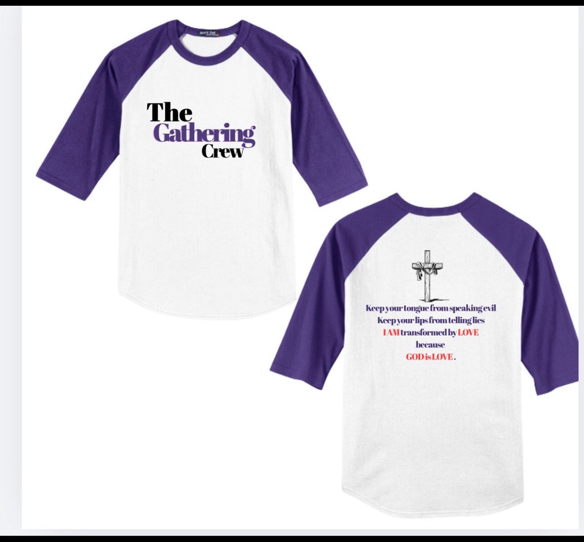 The Gathering Crew Sport-Tek T200 Colorblock Raglan Jersey in Purple and White, front and back